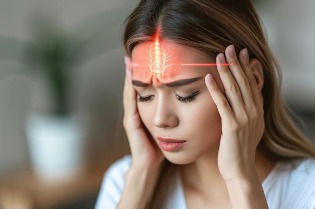 Woman experiencing intense headache with highlighted painful area on forehead