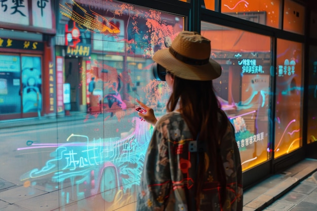 Photo woman experiencing interactive light installation in chinese city street at night