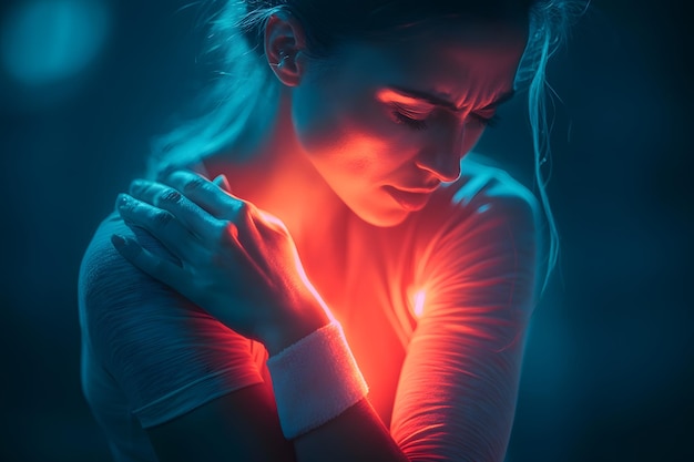 Photo woman experiencing shoulder pain with glowing area highlighting injury closeup in dark background