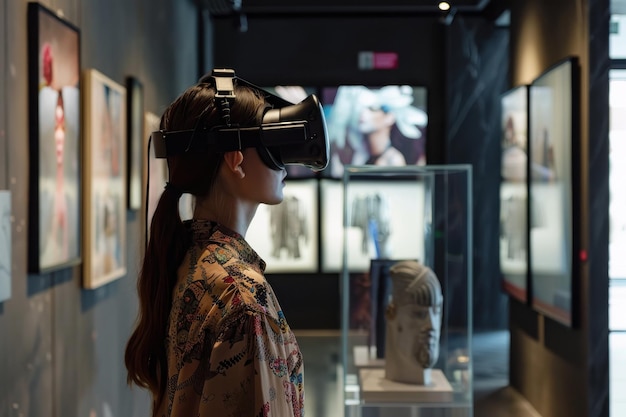 Woman Experiencing Virtual Reality Art Exhibition in Modern Gallery