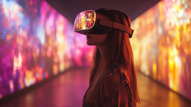 Photo woman experiencing virtual reality in a colorful environment