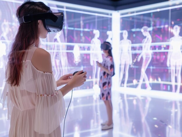 Photo woman experiencing virtual reality in a modern setting