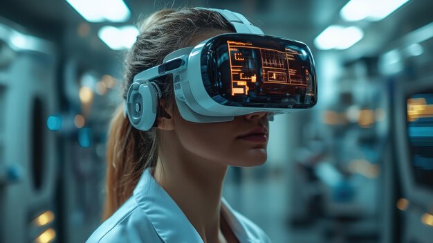 Woman Experiencing Virtual Reality in a Modern Tech Environment