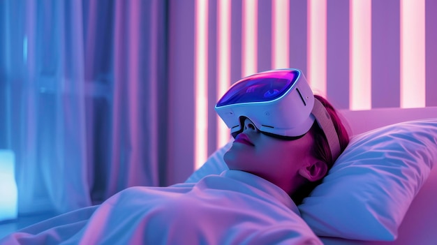 Woman experiencing virtual reality in neon light