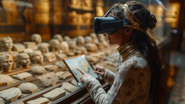 Photo woman experiencing virtual reality tour of ancient egyptian artifacts in museum