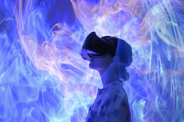 Photo woman experiencing virtual reality with a blue and purple background