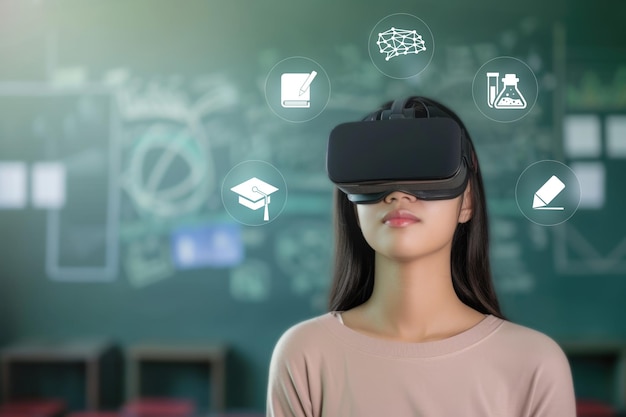 Photo woman explores vr education app interactive learning with ai