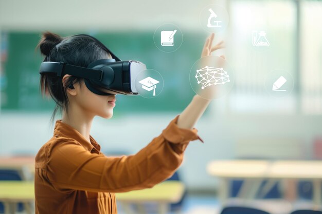 Photo woman explores vr education app interactive learning with ai