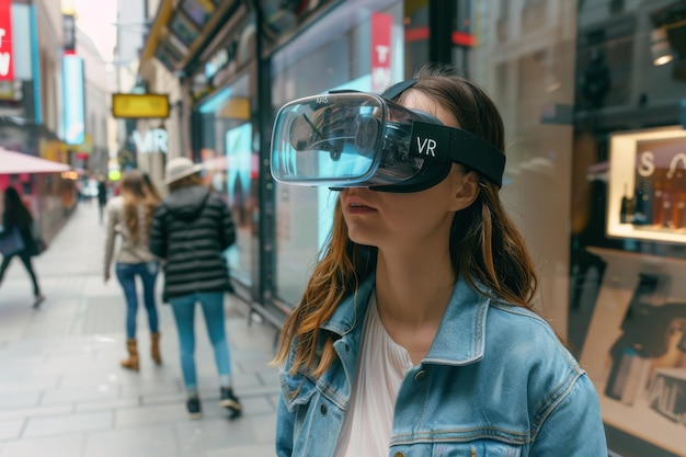 Woman exploring a bustling urban street while wearing a VR headset merging virtual reality with re