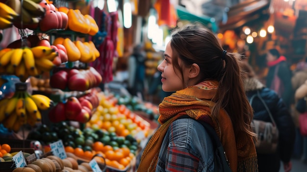 woman exploring a vibrant bustling street market filled with exotic fruits and colorful textiles