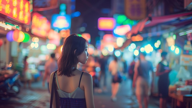 Woman Exploring Vibrant Night Market with Neon Lights