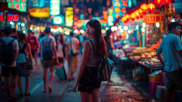 Woman Exploring Vibrant Night Market with Neon Lights