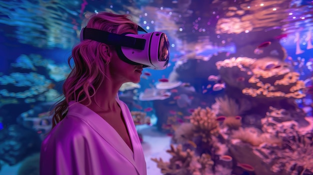 Photo woman exploring virtual underwater world in vr headset with colorful coral reefs and fish