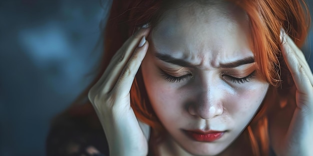 Woman in extreme pain holding her head likely experiencing a severe headache or migraine Concept Headache Migraine Pain Management Stress Relief Health and Wellness