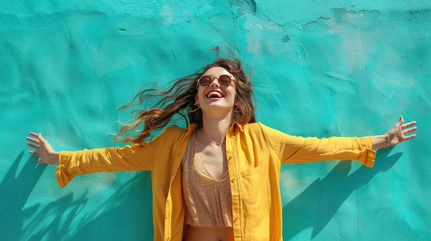 Photo a woman exuding joy and confidence set against a vibrant azure background reminiscent