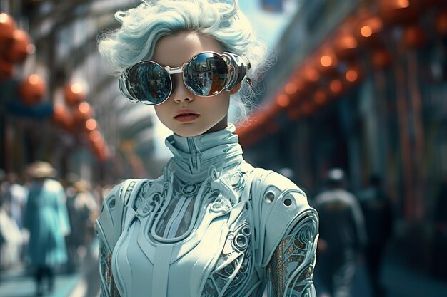 woman in eyeglasses standing on background ornate futuristic city in the style of machine