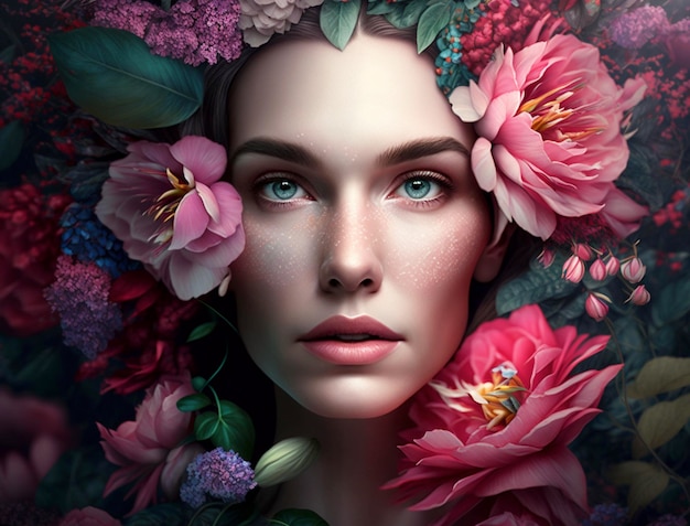 Woman face covered with Beautiful flowersGenerative AI