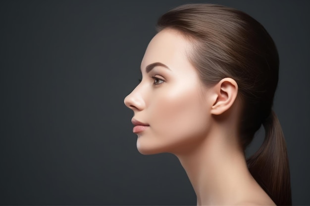 Woman face profile side view chin lift pointing with index finger