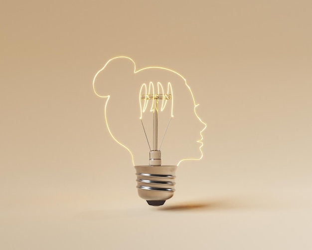 Woman face shaped light bulb against beige background