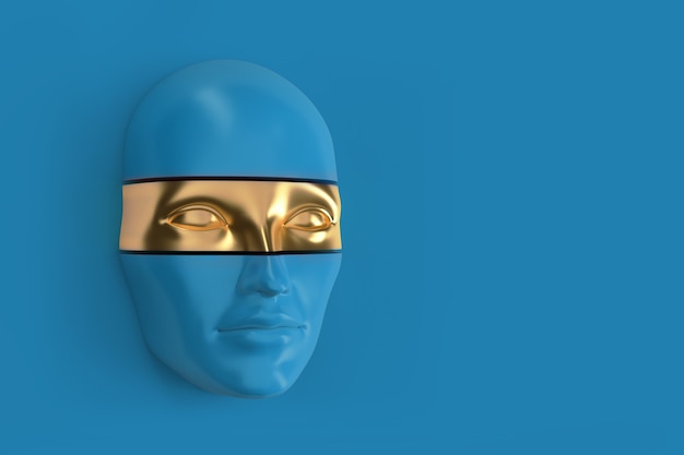 Woman, face, shiny, mask, hijab, superhero, modern, 3D illustration, color, gold , blue , surrealism