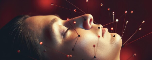 Photo woman face with acupuncture needles on her face detail