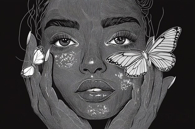 Photo woman face with butterfly line art female hands with butterflies abstract face with butterfly