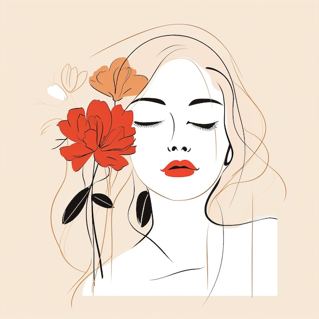 Woman face with flowers Surreal Line art female floral girl PNG transparent Generative Ai