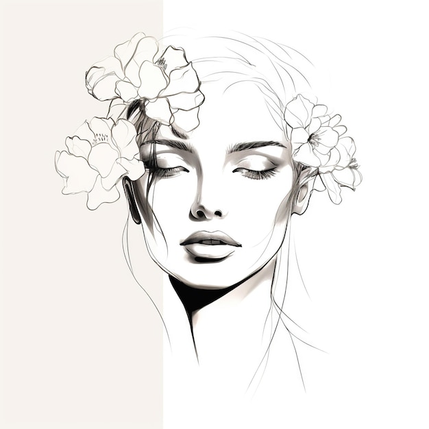 Woman face with flowers Surreal Line art female floral girl PNG transparent Generative Ai