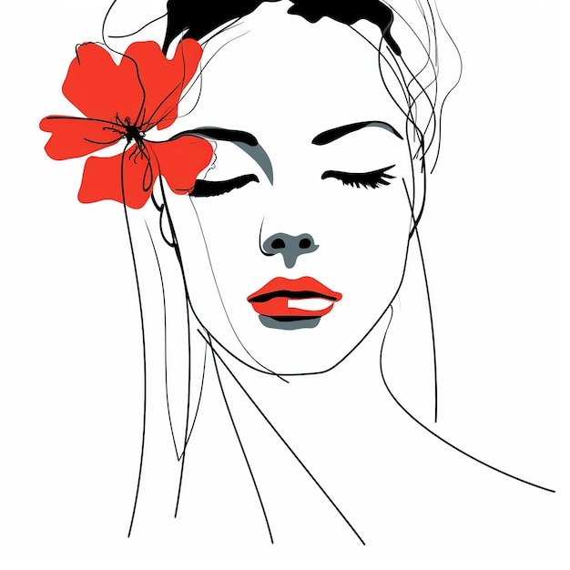 Woman face with flowers Surreal Line art female floral girl PNG transparent Generative Ai