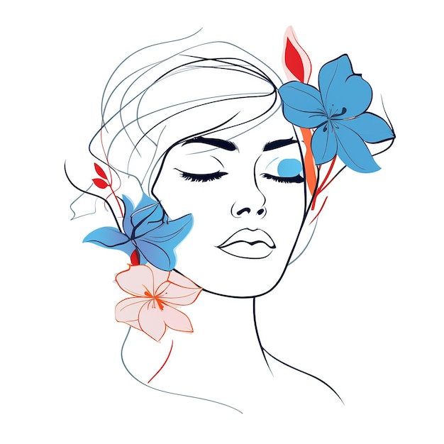 Woman face with flowers Surreal Line art female floral girl PNG transparent Generative Ai