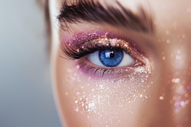 Woman face with gold glitter eyes makeup Fashion celebrate makeup glowy clear skin Generative AI