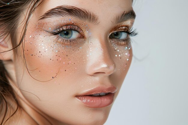 Woman face with gold glitter eyes makeup Fashion celebrate makeup glowy clear skin Generative AI