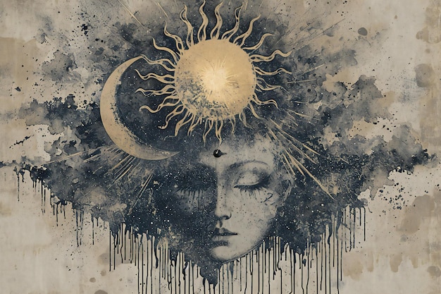 Woman face with sun and moon on grunge background Hand drawn illustration