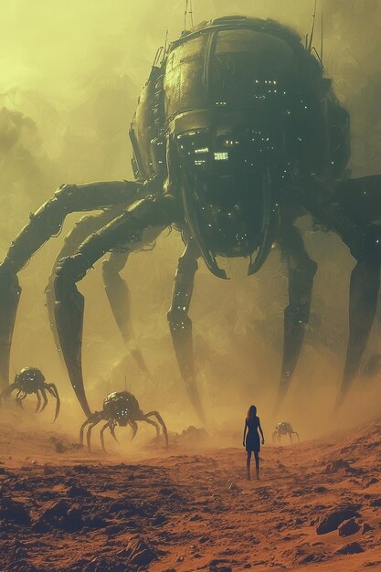 Photo woman facing giant mechanical spider in a desolate landscape