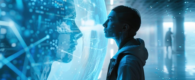 A woman facing a holographic digital human in a futuristic generative AIdriven setting