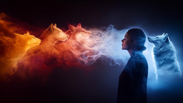 Photo woman facing wolves made of fire and ice symbolizing inner conflict and balance between opposing