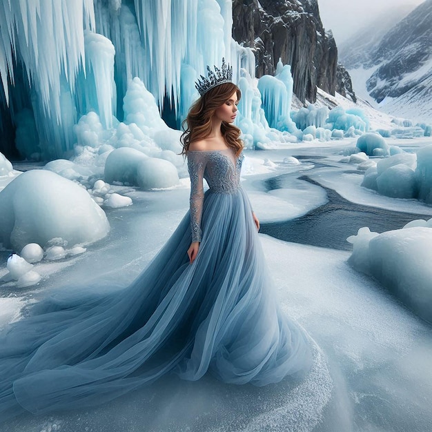 a woman in a fairy costume is standing in front of an ice cave