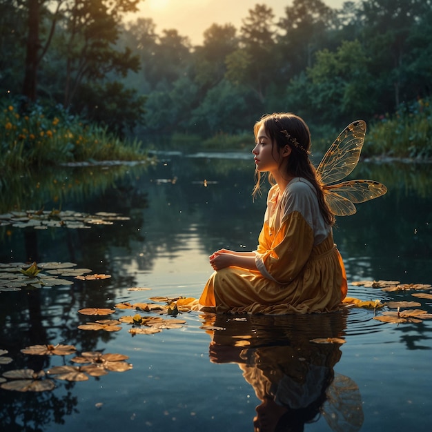 a woman in a fairy costume sits in a pond with lily pads in the background