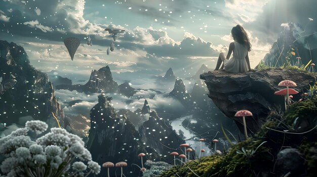 Woman in Fantasy Landscape Watching Clouds from Mountain Top