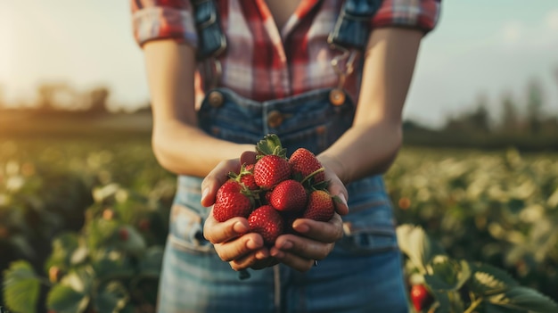 a woman farmer holding a lot of strawberries in her hands