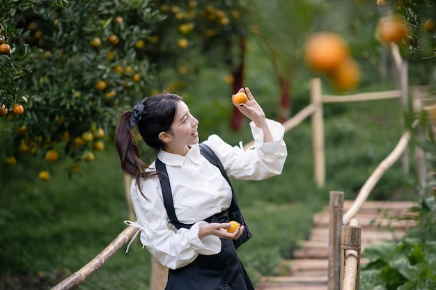 Woman farmer picking carefully ripe orange in orchard