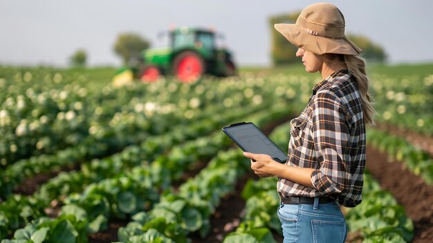 Photo woman farmer working in field with tractor background