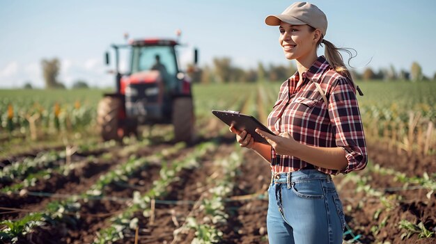 Photo woman farmer working in field with tractor background