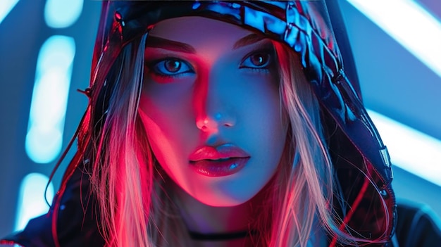 Woman fashion cyberpunk style wearing hood mysterious neon light Background wallpaper AI generated image