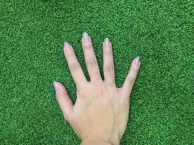 Woman fashionary nail hand touching green grass land.