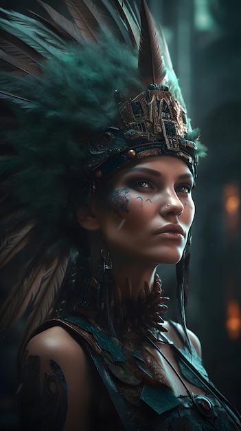 A woman in a feather headdress with the word tribe on it