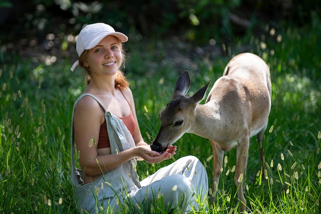 Woman feed deer wild animals concept woman feeding fawn animal at park