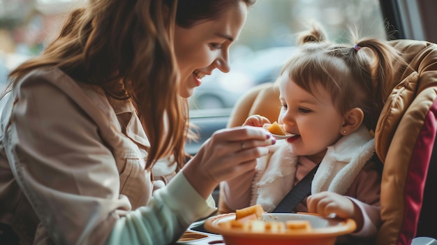 Photo woman feeding baby a piece of food