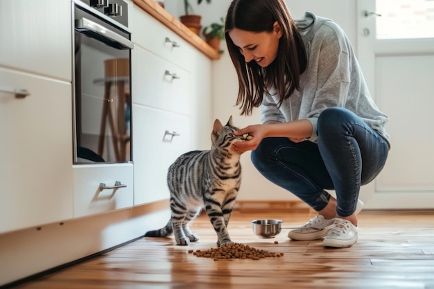 Photo a woman feeding a playful cat in a cozy kitchen setting the scene captures the bond between pets and owners this image radiates warmth and joy generative ai