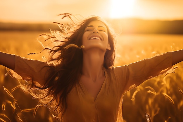 woman feeling freedom and contentment with open arms in a field at sunrise